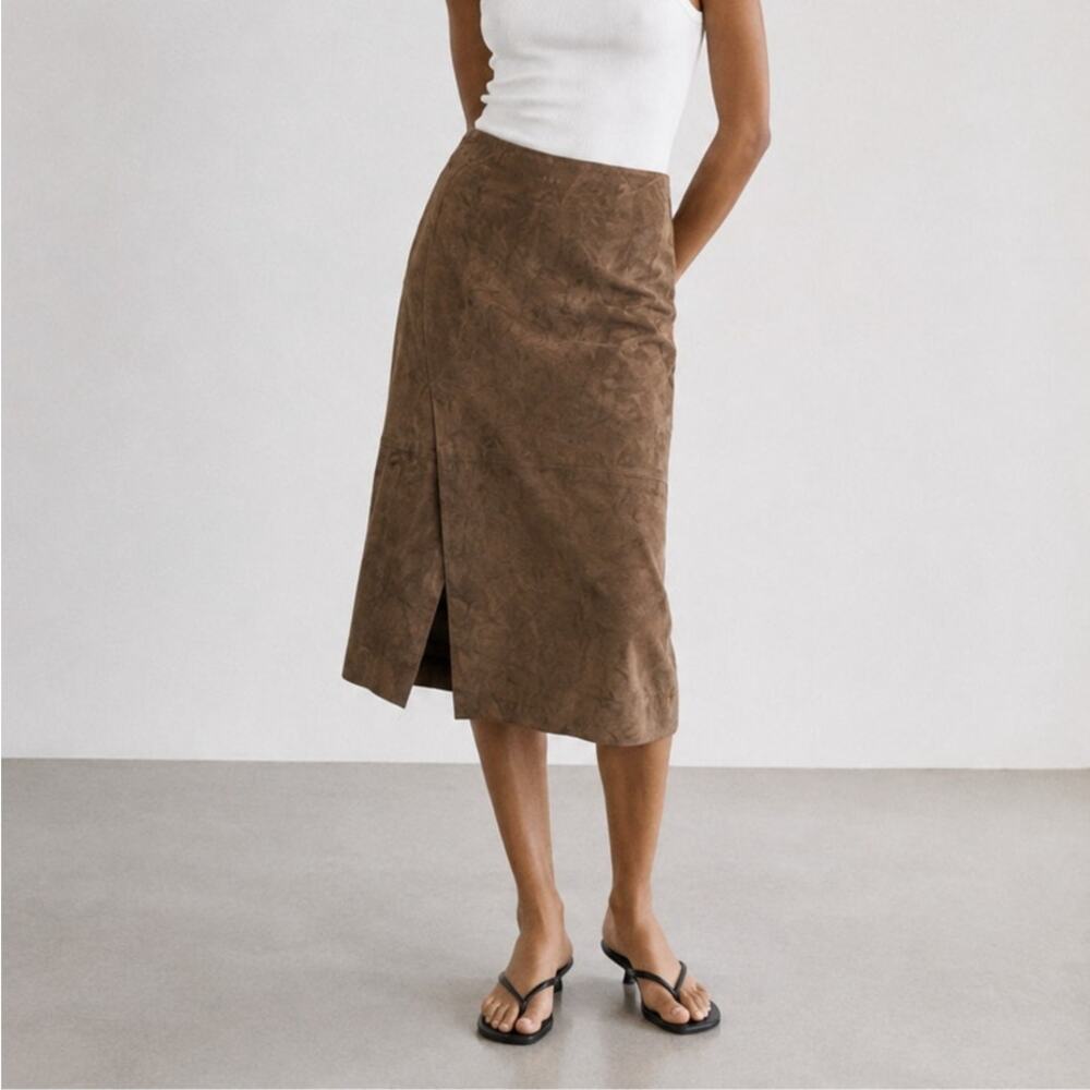 Vince Suede Midi Skirt Womens 10 Brown Leather A-line